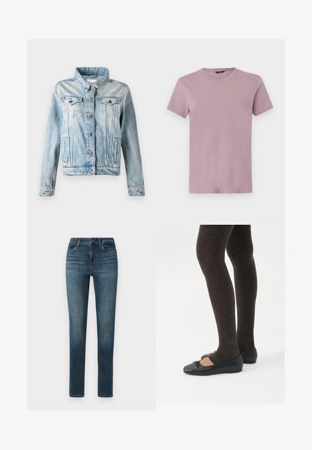 Lys blå denimjakke med krave, knaplukning, to brystlommer og sidelommer. Har en falmet finish og kontrasterende syninger.; Hérre crew neck t-shirt i lys mauve, lavet af blødt stof. Korte ærmer, normal pasform, med en glat overflade og ingen synlige mønstre.; Mørkeblå denim jeans med slim fit, der har en knaplukning, fem lommer og subtile slidser langs lårene.; Ben iført mørke ribbede leggings kombineret med sorte balletsko med små sløjfedetaljer på hvid baggrund.