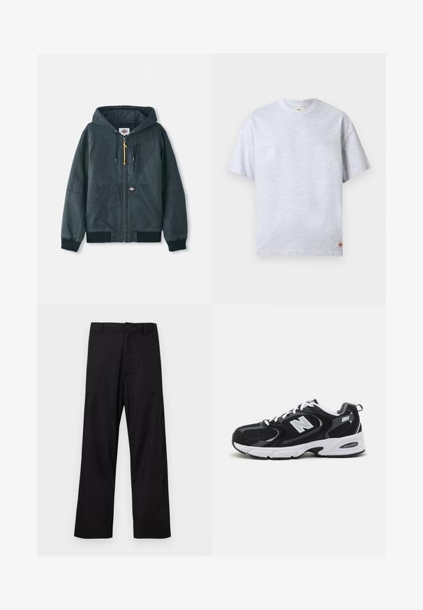 Zwarte opvouwbare hoodie-jack van canvasmateriaal. Voorzien van geribde manchetten, twee voorzakken en subtiele stiksels. Accent ritslip.; Effen lichtgrijs T-shirt met korte mouwen en ronde hals, met een klein rechthoekig logolabel onderaan de rechter zoom.; Zwarte broek met rechte pijpen, knoop- en ritssluiting, lussen voor een riem, plat weergegeven op een lichte achtergrond.; Zwarte en grijze sport schoenen met een bovenwerk van mesh en suede, voorzien van een witte tussenzool, veters en een gedurfde "N"-logo aan de zijkant.