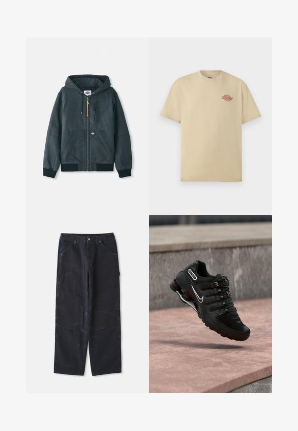 Chaqueta con capucha negra con cremallera, hecha de material de lienzo. Presenta puños acanalados, dos bolsillos frontales y sutiles detalles de costura. Tirador de cremallera de acento.; Camiseta beige de manga corta y cuello redondo con pequeño logo rojo de "Dickies" en el pecho izquierdo.; Pantalones de mezclilla negros de pierna ancha con un acabado texturizado, que cuentan con bolsillos frontales y un cierre de botón clásico.; Zapatilla de running Nike Shox negra con logo Swoosh blanco, en el aire sobre una superficie de hormigón rosada frente a una pared de piedra gris.