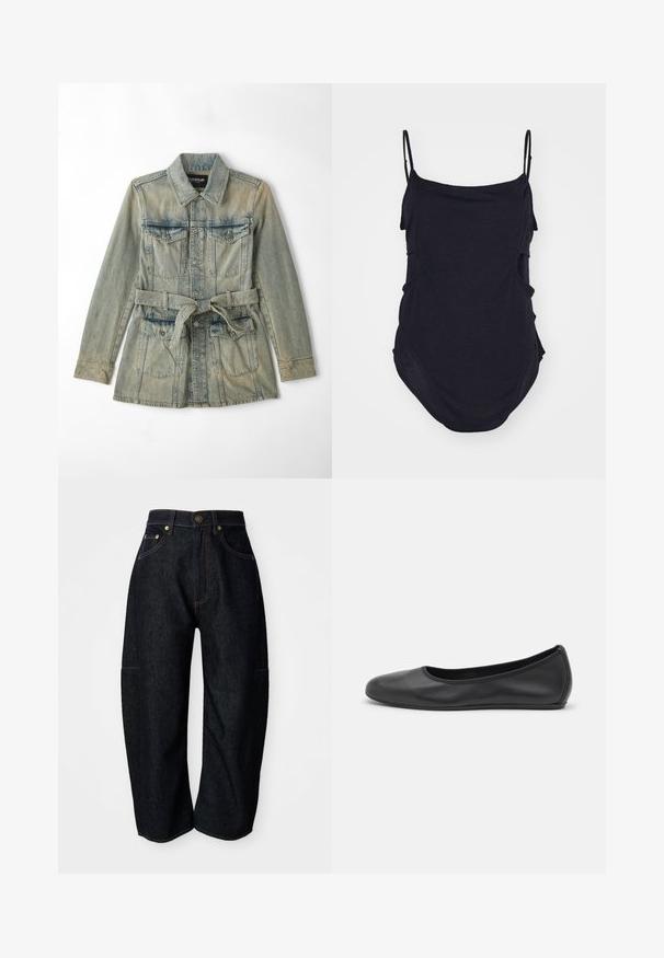 Denim jack in lichtblauw, met een kraag, voorzakken met kleppen, een ceintuur in de taille en knoopsluitingen. Verbleekte textuur voegt detail toe.; Zwarte mouwloze top met dunne bandjes, gemaakt van zachte stof. Heeft gedrapeerde zijkanten en een ronde zoom voor een ontspannen pasvorm.; Donkerdenim jeans met een relaxte pasvorm, voorzien van subtiele oranje stiksels, voorzakken en een platte tailleband met een knoopsluiting.; Zwarte leren ballerina met een ronde neus, gladde textuur, minimale stikdetails en een flexibele zoolontwerp.