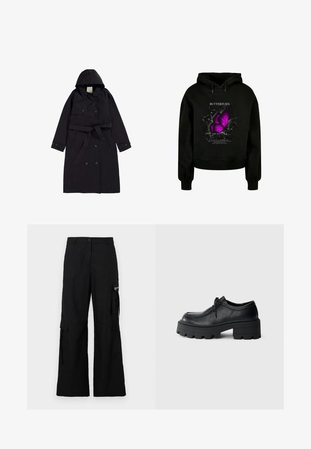Schwarzer Trenchcoat aus glattem Stoff, mit Kapuze, doppelt-knöpfbarer Front mit schwarzen Knöpfen und einem passenden Gürtel.; Schwarze verkürzte Kapuzenjacke mit einem großen lila Schmetterlings-Graphic und weißem Text mit einem Zitat. Weicher Stoff, gerippte Bündchen und Saumdetails.; Schwarze Cargohosen mit weitem Bein Design, ausgestattet mit Seitentaschen, einem Knopfverschluss und aus leichtem Material gefertigt.; Schwarze Leder Schnürschuhe mit einer dicken, strukturierten schwarzen Gummisohle und einer runden Spitze. Verfügt über dezente Stickdetails.