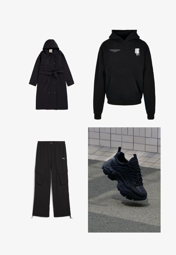 Schwarzer Trenchcoat aus glattem Stoff, mit Kapuze, doppelt-knöpfbarer Front mit schwarzen Knöpfen und einem passenden Gürtel.; Schwarzer Kapuzenpullover mit Fronttasche, kleinem weißen Text auf der oberen linken Brust und stilisiertem "MG"-Logo auf der oberen rechten Brust.; Schwarze Cargo-Hosen mit weitem Bein, elastischem Bund, zwei Seitentaschen und Kordelzugsäumen. Mit einem kleinen weißen Logo.; Schwarze Leder-Sneaker mit einem klobigen Design, ausgestattet mit einer dicken Sohle, strukturierten Einsätzen und schwarzen Schnürsenkeln. Schwebt über einem grauen Gehweg.
