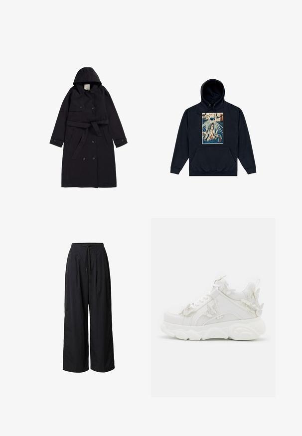 Sort trenchcoat lavet af glat stof, med hætte, dobbeltradet front med sorte knapper og en matchende bælt.; Sort hættejakke med en central grafik, der viser en japansk-inspireret illustration af en figur blandt bølger og skyer. Snore i huen.; Sorte vidde bukser med elastisk taljebånd og snøre, med plisser foran for en afslappet pasform.; Hvid chunky sneaker med tyk sål og dekorative 3D sommerfugle detaljer på siden, snørebånd og hæl.