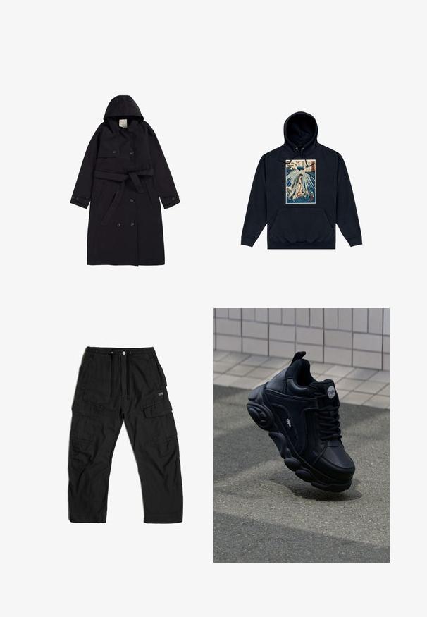 Zwarte trenchcoat van soepel stof, met een capuchon, een dubbelzijdige voorkant met zwarte knopen en een bijpassende riem.; Zwarte hoodie met een centrale grafiek van een Japanse stijl illustratie van een figuur te midden van golven en wolken. Koordjes bij de capuchon.; Zwarte cargobroek van stof, voorzien van een elastische tailleband met een trekkoord, meerdere zijzakken en een relaxte pasvorm.; Zwarte sneaker met een dikke zool, een bovenwerk van soepel leer en textuuraccenten. Bevat een ronde neus en decoratieve stiksels.