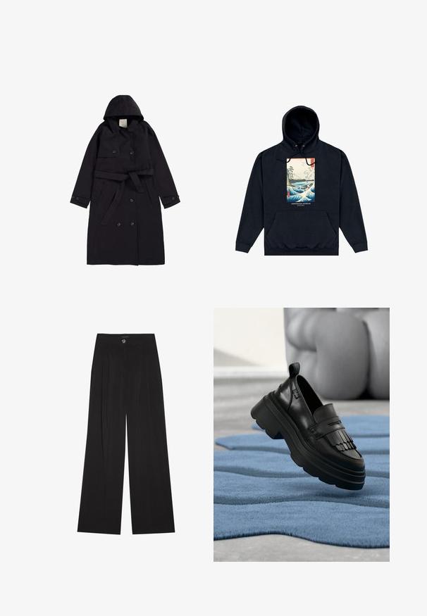 Sort trenchcoat lavet af glat stof, med hætte, dobbeltradet front med sorte knapper og en matchende bælt.; Sort hættetrøje med frontlomme, med farverigt japansk-inspireret bølge- og landskabsprint med teksten "Ashmolean Museum Oxford."; Sorte bukser med vide ben lavet af blødt stof, med høj talje, frontfolder og enkelt knaplukning. Glat tekstur og skræddersyet design.; Sort lædersko uden snørebånd med frynset dekoration, tyk sål og struktureret finish, placeret på et blåt tekstureret tæppe.
