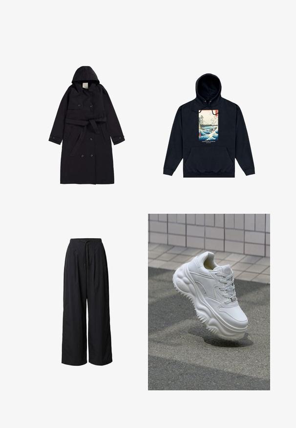 Sort trenchcoat lavet af glat stof, med hætte, dobbeltradet front med sorte knapper og en matchende bælt.; Sort hættetrøje med frontlomme, med farverigt japansk-inspireret bølge- og landskabsprint med teksten "Ashmolean Museum Oxford."; Sorte vidde bukser med elastisk taljebånd og snøre, med plisser foran for en afslappet pasform.; Hvide lædersneakers med en kraftig sål, teksturerede detaljer og snørelukning. Har formede accenter og en glat finish.