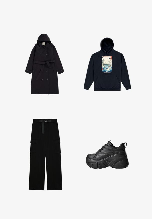 Sort trenchcoat lavet af glat stof, med hætte, dobbeltradet front med sorte knapper og en matchende bælt.; Sort hættetrøje med frontlomme, med farverigt japansk-inspireret bølge- og landskabsprint med teksten "Ashmolean Museum Oxford."; Sorte cargo bukser med vidde ben, elastisk talje med bælte og to store sidelommer til opbevaring.; Sorte plateau sneakers med en buet form, tekstureret læder, tyk gummisål og dekorativ hardware på snørerne.