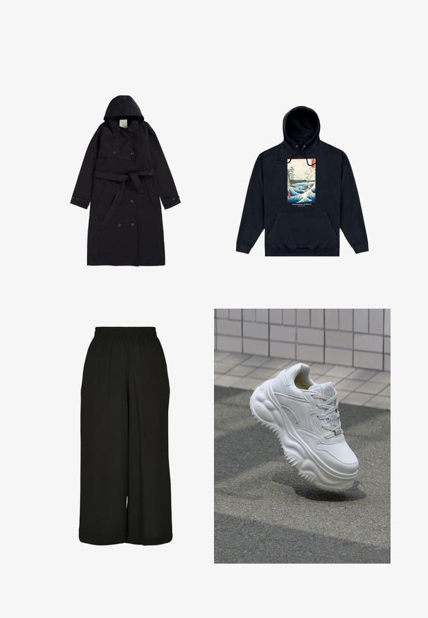 Zwarte trenchcoat van soepel stof, met een capuchon, een dubbelzijdige voorkant met zwarte knopen en een bijpassende riem.; Zwarte capuchontrui met voorzak, met een kleurrijke Japanse golf- en landschapprint met het label "Ashmolean Museum Oxford."; Zwarte wijde broek met een elastische tailleband, gemaakt van een gladde stof met minimale textuur en zonder extra patronen of accenten.; Witte leren sneaker met een zware zool, textuurdetails en vetersluiting. Beschikt over gevormde accenten en een gladde afwerking.