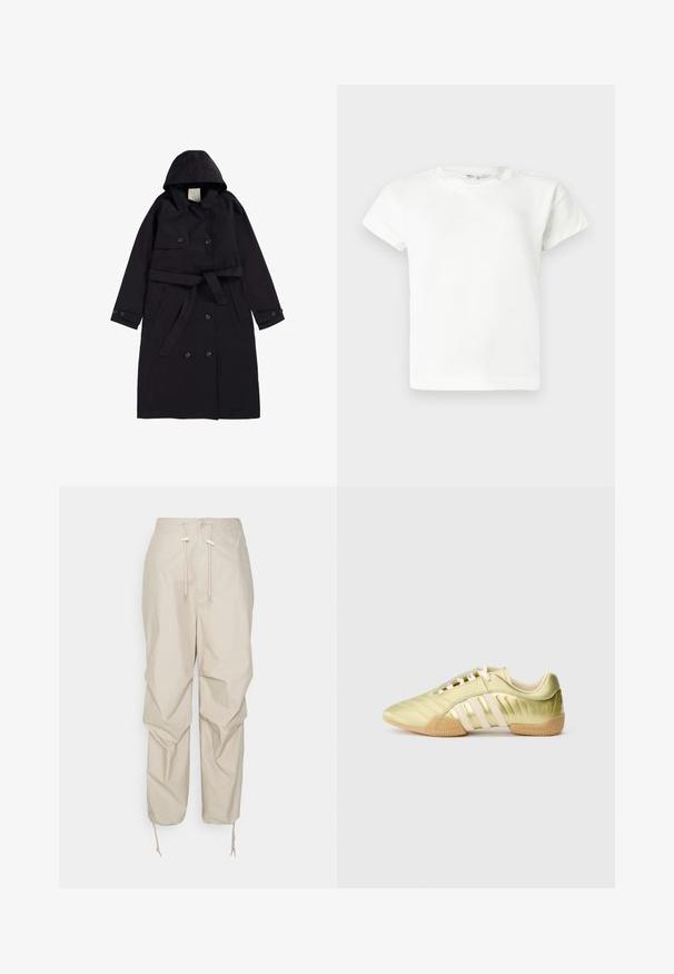 Schwarzer Trenchcoat aus glattem Stoff, mit Kapuze, doppelt-knöpfbarer Front mit schwarzen Knöpfen und einem passenden Gürtel.; Schlichtes weißes T-Shirt mit kurzen Ärmeln und Rundhalsausschnitt, gerader Saum, präsentiert vor einem hellgrauen Hintergrund.; Beige Utility-Hosen mit verstellbarem Kordelzug, Knopfverschluss und schmal zulaufenden Beinabschlüssen. Hergestellt aus leichtem Material mit glatter Textur.; Limettengrüner synthetischer Sportschuh mit glatter Textur, ausgestattet mit drei weißen Streifen, einem weichen Innenfutter und einer strukturierten Gummisohle.
