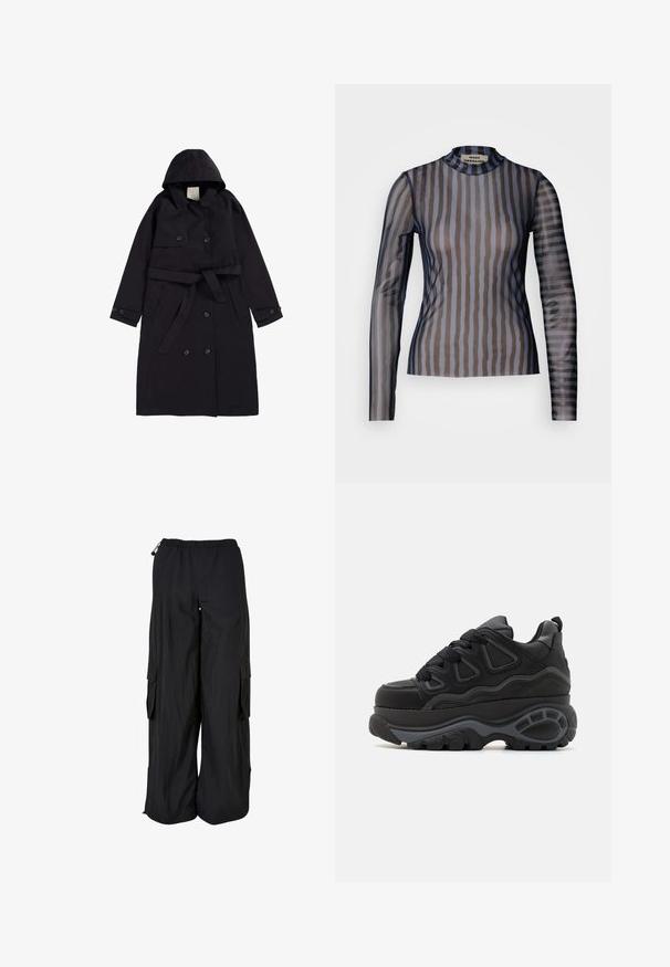 Manteau noir en tissu lisse, doté d'une capuche, d'un devant croisé avec des boutons noirs, et d'une ceinture assortie.; Haut à manches longues avec un col montant, en tissu transparent présentant des rayures verticales dans des nuances sombres de marron et de bleu.; Pantalon cargo noir à jambes larges avec ceinture élastique, poches latérales à rabat et cordons réglables à la taille et à l'ourlet.; Buffalo Chaussures de skate - black
