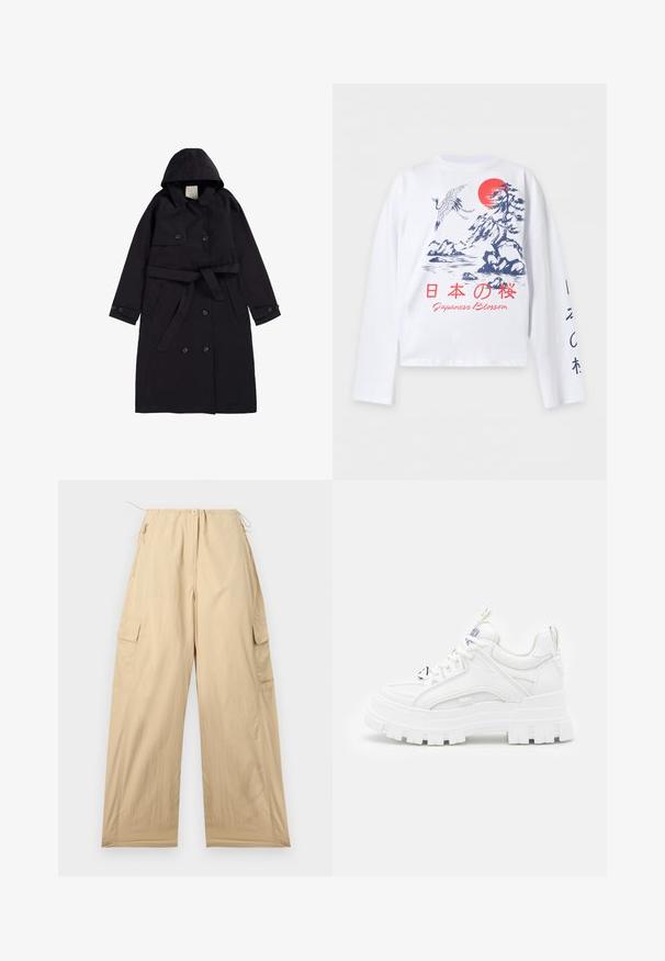 Sort trenchcoat lavet af glat stof, med hætte, dobbeltradet front med sorte knapper og en matchende bælt.; Hvid langærmet skjorte med blåt japansk landskab, rød sol, trane og rød tekst "Japanese Blossom" på engelsk og japanske tegn.; Beige cargo bukser med relaxed fit, der har en snor i taljen, to sidelommer og et glat, let materiale.; Hvide chunky sneakers med en tekstureret overdel, polstret krave og tyk, rillede sål. Har kontrastfarvede sorte snørebånd og brandingdetaljer.