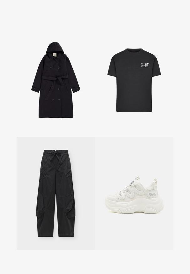 Sort trenchcoat lavet af glat stof, med hætte, dobbeltradet front med sorte knapper og en matchende bælt.; Sort bomulds T-shirt med rund hals. Har hvid tekst, inklusive japanske tegn og "Slurp Away," på venstre brystområde.; Sorte cargobukser med elastisk snøre i taljen, flere for- og sidelommer samt løstsiddende, lige ben på ensfarvet baggrund.; Hvide chunky sneakers med overdel i mesh og syntetisk materiale, buet form, tekstureret sål og fremtrædende snøresystem med logo detaljer.