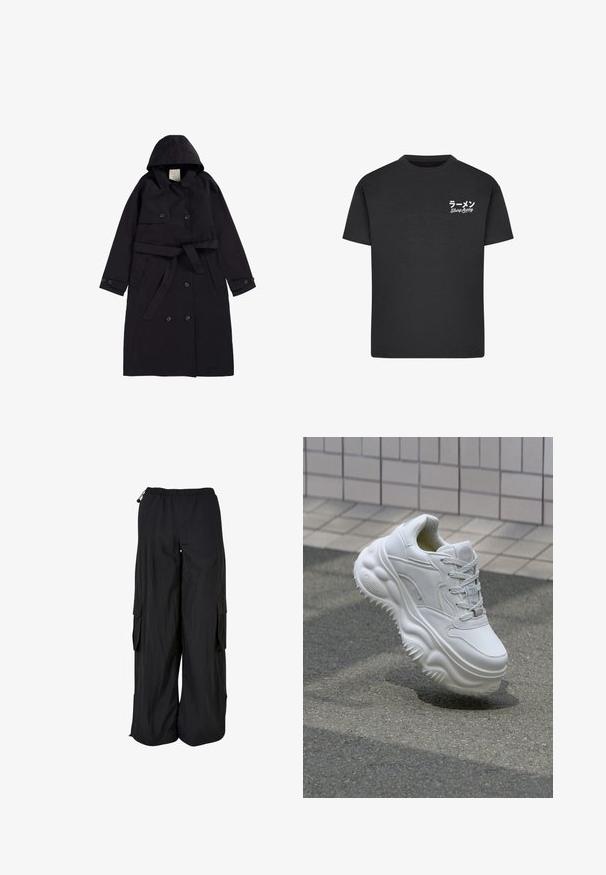 Sort trenchcoat lavet af glat stof, med hætte, dobbeltradet front med sorte knapper og en matchende bælt.; Sort bomulds T-shirt med rund hals. Har hvid tekst, inklusive japanske tegn og "Slurp Away," på venstre brystområde.; Svarte cargobukser med vidde ben, elastisk talje, sidelommer med klap og justerbare snore i talje og forneden.; Hvide lædersneakers med en kraftig sål, teksturerede detaljer og snørelukning. Har formede accenter og en glat finish.