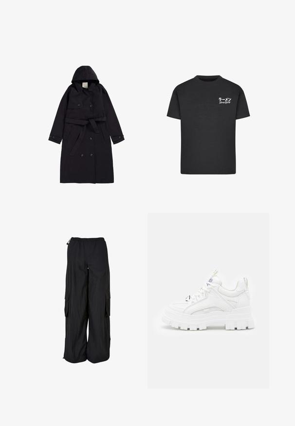 Schwarzer Trenchcoat aus glattem Stoff, mit Kapuze, doppelt-knöpfbarer Front mit schwarzen Knöpfen und einem passenden Gürtel.; Schwarzes Baumwoll-T-Shirt mit Rundhalsausschnitt. Mit weißem Text, einschließlich japanischer Schriftzeichen und "Slurp Away", auf der linken Brustseite.; Schwarze Cargo-Hose mit weitem Bein, elastischem Bund, seitlichen Klappentaschen und verstellbaren Kordeln an Bund und Saum.; Weiße klobige Sneakers mit einer strukturierten Oberseite, gepolstertem Schaft und dicker, gerippter Sohle. Verfügt über kontrastierende schwarze Schnürsenkel und Branding-Details.