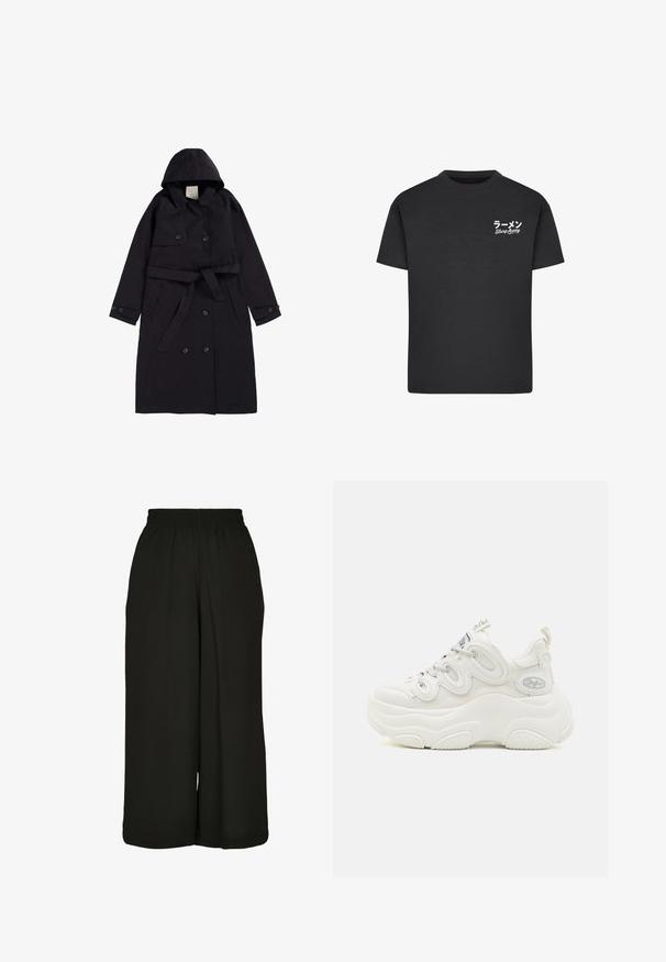 Schwarzer Trenchcoat aus glattem Stoff, mit Kapuze, doppelt-knöpfbarer Front mit schwarzen Knöpfen und einem passenden Gürtel.; Schwarzes Baumwoll-T-Shirt mit Rundhalsausschnitt. Mit weißem Text, einschließlich japanischer Schriftzeichen und "Slurp Away", auf der linken Brustseite.; Schwarze weit geschnittene Hose mit elastischem Taillenbund, aus einem glatten Stoff mit minimaler Textur und ohne zusätzliche Muster oder Akzente.; Weiße klobige Sneaker mit einem Obermaterial aus Mesh und Synthetik, geschwungener Form, strukturiertem Absatz und einem auffälligen Schnürsystem mit Logodetails.