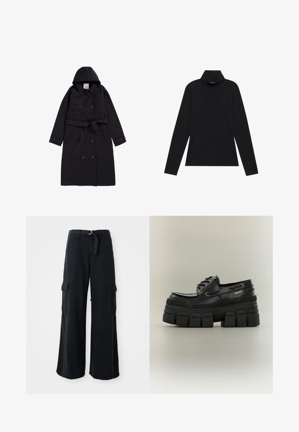 Sort trenchcoat lavet af glat stof, med hætte, dobbeltradet front med sorte knapper og en matchende bælt.; Sort turtleneck med lange ærmer. Blødt stof, tætsiddende design, høj krave og sidesøm. Simpel og alsidig stil, der er velegnet til lag-på-lag.; Sorte bredbenede cargo-bukser lavet af bomuld med et bånd, der kan bindes, og som har to sidelommer samt en glat stofstruktur.; Sort chunky plateau sko med snørelukning foran, tyk robust sål og brandede detaljer langs sålen og siden.