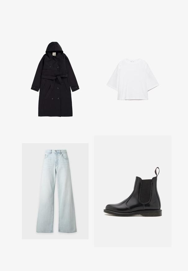 Manteau noir en tissu lisse, doté d'une capuche, d'un devant croisé avec des boutons noirs, et d'une ceinture assortie.; T-shirt blanc à manches courtes, coupe carrée, en coton doux. Présente un col rond et des manches larges, avec un design épuré et simple.; Jean bleu clair taille haute à jambes larges avec bouton et fermeture éclair devant, poches avant et passants de ceinture sur fond blanc.; Bottines Chelsea noires avec une finition en cuir lisse, des panneaux latéraux en élastique et une semelle en caoutchouc robuste. Anse à l'arrière pour un enfilage facile.