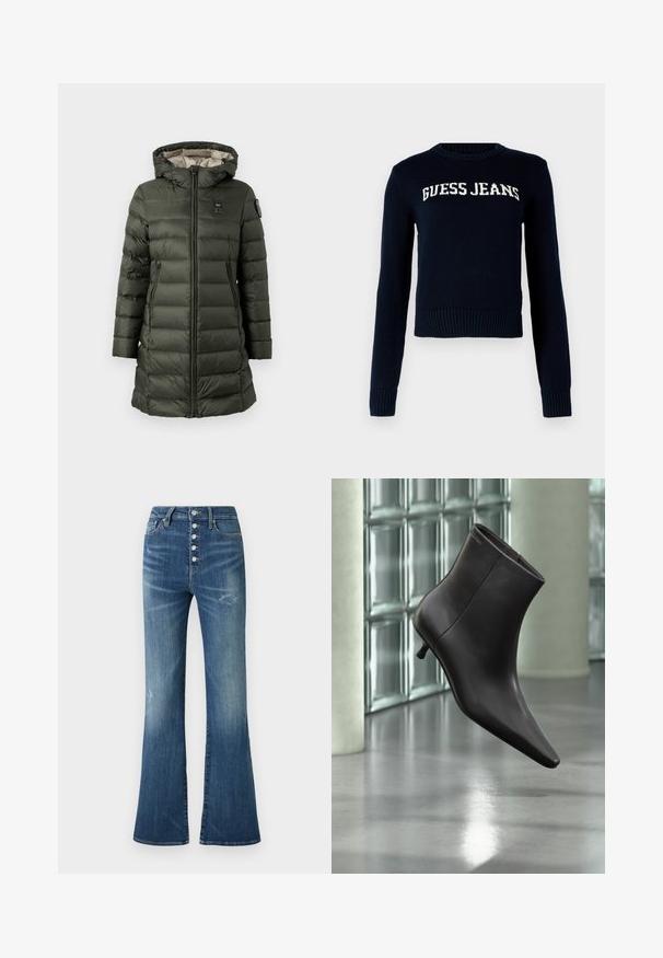 Donkergroen, puffer-achtige jas met een capuchon, voorzien van een ritssluiting, zijzakken en een logopatch op de bovenarm. Geïsoleerd ontwerp.; Guess Jeans INTARSIA - Trui - daring ocean; Blauwe denim flare jeans met hoge taille, knoopsluiting en lichte vervagingsdetails op dijen en knieën.; Zwarte leren enkellaars met puntige neus en lage hak, afgebeeld tegen een glazen blokkenmuur en gepolijste vloer op de achtergrond.