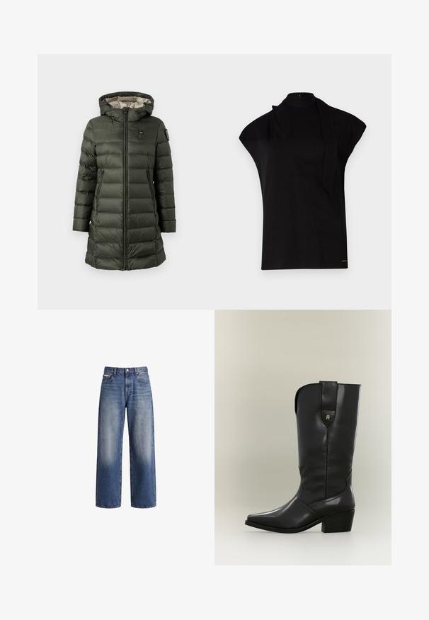Manteau matelassé de couleur vert foncé avec capuche, doté d'une fermeture éclair, de poches latérales et d'un patch logo sur la manche supérieure. Design isolé.; Top noir à col montant avec manches courtes, présentant un design asymétrique et une longue cravate. Fabriqué en tissu lisse au look minimaliste.; Jean en denim bleu à jambes larges avec un lavage délavé, fermeture par bouton et zip, et poches avant et arrière.; Botte de cow-boy haute en cuir noir avec bout pointu, talon épais et languette avec un petit logo doré.