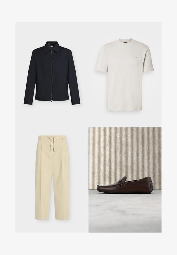 Veste noire à manches longues avec col et fermeture éclair argentée à l'avant, étiquette de la marque visible à l'intérieur du col, posée à plat sur fond blanc.; T-shirt à manches courtes de couleur beige clair unie, col rond, avec un petit logo "BOSS" brodé sur le côté gauche de la poitrine.; Pantalon beige droit avec passants pour ceinture et nouage à l'avant, présentant un design épuré et ajusté ainsi qu'un tissu texturé.; Mocassins en cuir marron avec une finition lisse, des coutures de style mocassin, un bout rehaussé et une semelle en caoutchouc basse et flexible.