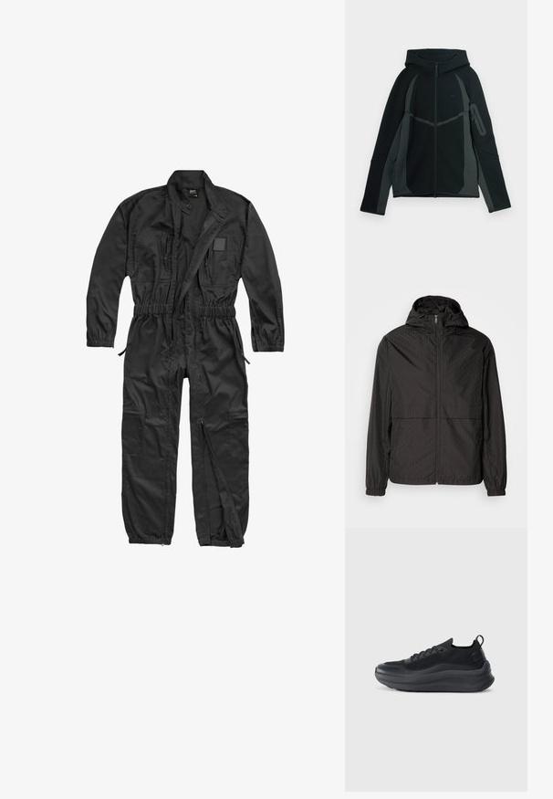 Chaqueta rompevientos negra con un patrón texturizado que presenta líneas diagonales y sutiles formas de diamante, cremallera frontal completa y capucha. Puños elásticos.; Brandit BRANDIT HERREN EINSATZKOMBI - Mono - black; Sudadera negra y gris oscuro con cremallera frontal, gran capucha y bolsillo lateral con cremallera. Presenta un diseño estructurado y paneles en contraste.; Zapatilla deportiva negra con parte superior de malla, acentos texturizados y una suela de goma gruesa. Cuenta con una lengüeta en el talón y un diseño con cordones.
