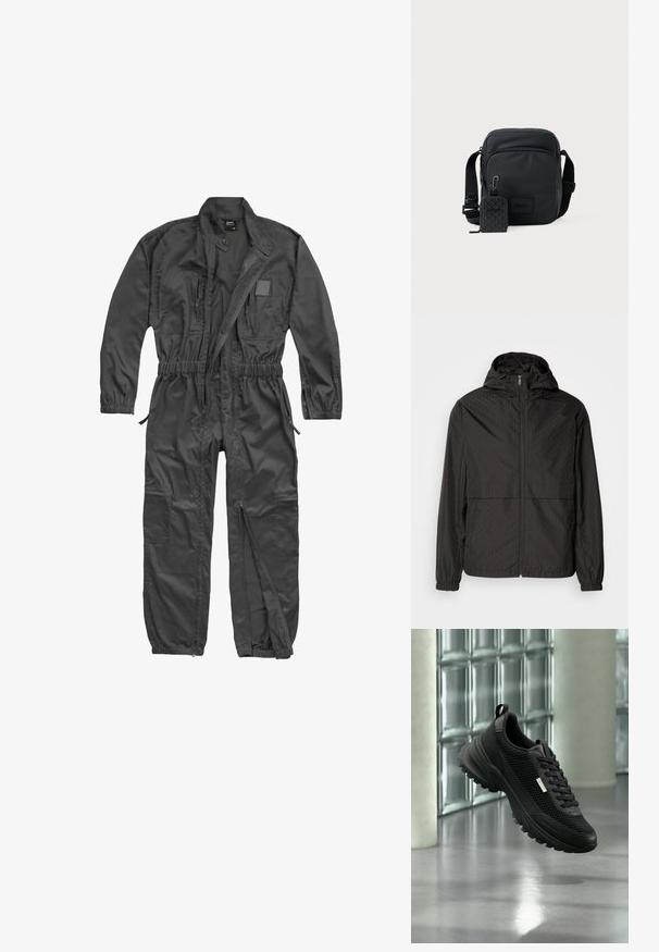Chaqueta rompevientos negra con un patrón texturizado que presenta líneas diagonales y sutiles formas de diamante, cremallera frontal completa y capucha. Puños elásticos.; Mono negro de manga larga con cremallera frontal, cintura y puños elásticos, múltiples bolsillos con cremallera y cuello mao con botón a presión.; Zapatilla deportiva negra con paneles laterales de malla y suela gruesa flotando en interiores cerca de bloques de vidrio y columnas sobre un suelo liso.; Bolso cruzado compacto negro con correa ajustable y bolsillo con cremallera en la parte delantera, que incluye un pequeño estuche de patrón adjunto con clip.