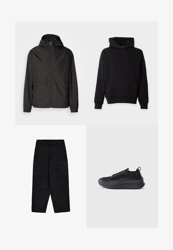 Chaqueta rompevientos negra con un patrón texturizado que presenta líneas diagonales y sutiles formas de diamante, cremallera frontal completa y capucha. Puños elásticos.; Sudadera negra lisa con capucha, bolsillo delantero tipo canguro, mangas largas y puños y bajo de canalé, mostrada sobre un fondo claro.; Pantalones cargo negros con botón y cremallera en el frente, bolsillos laterales con solapa y botones, y cuerdas ajustables en los dobladillos.; Zapatilla deportiva negra con parte superior de malla, acentos texturizados y una suela de goma gruesa. Cuenta con una lengüeta en el talón y un diseño con cordones.