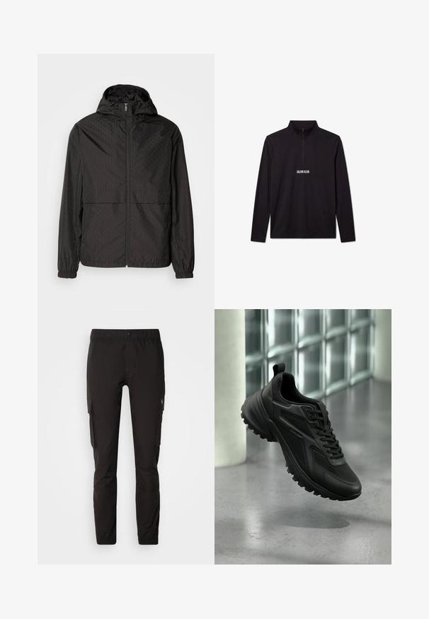 Chaqueta rompevientos negra con un patrón texturizado que presenta líneas diagonales y sutiles formas de diamante, cremallera frontal completa y capucha. Puños elásticos.; Jersey de manga larga negro de Calvin Klein con cremallera de cuarto y logo blanco impreso en el pecho.; Pantalones cargo negros hechos de una tela ligera, con una cintura elástica, bolsillos laterales y piernas ajustadas con puños ajustables.; Zapatilla deportiva negra con suela texturizada y cordones, flotando sobre un suelo gris con fondo de pared de bloques de vidrio.