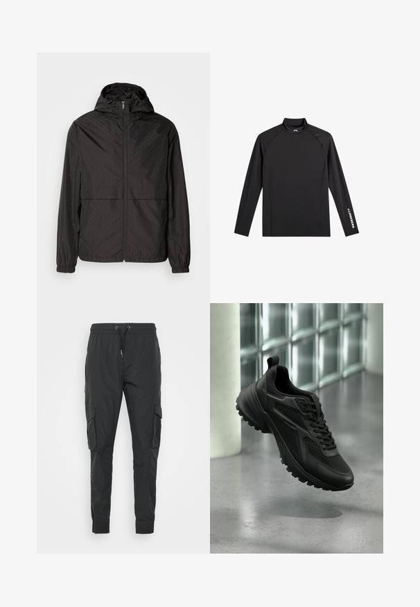 Schwarze Windjacke mit einem strukturierten Muster, das diagonale Linien und subtile Rautenformen zeigt, mit durchgehendem Reißverschluss und Kapuze. Elastische Bündchen.; Schwarzes Langarm-Sportoberteil mit Stehkragen, schlanker Passform und weißem "J.Lindeberg"-Logo am linken Ärmel und Kragen.; Schwarze Cargo-Hosen aus leichtem Stoff, mit einem verstellbaren Kordelzugbund, elastischen Bündchen und zwei Seitentaschen.; Schwarzer Sportschuh mit strukturierter Sohle und Schnürsenkeln, schwebend über einem grauen Boden vor einer Glasbausteinwand.