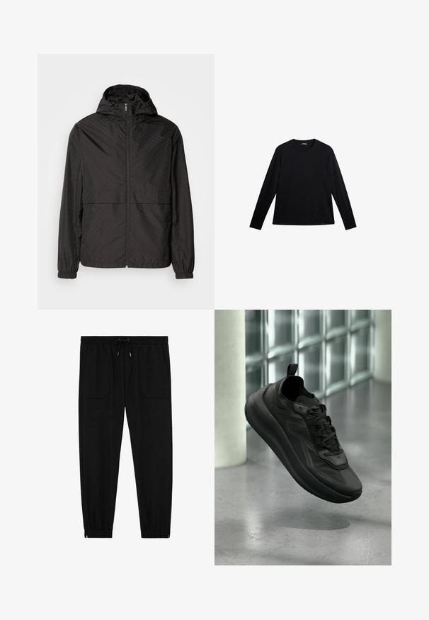 Schwarze Windjacke mit einem strukturierten Muster, das diagonale Linien und subtile Rautenformen zeigt, mit durchgehendem Reißverschluss und Kapuze. Elastische Bündchen.; Schwarzes Langarm-T-Shirt aus glattem Stoff, mit Rundhalsausschnitt und einem dezenten Logo auf der Vorderseite, in lockerer Passform.; Schwarze Jogginghosen mit elastischem Bund, Kordelzug, vorderen aufgesetzten Taschen und elastischen Bündchen vor weißem Hintergrund.; Schwarzer Calvin Klein Sneaker mit Schnürsenkeln, angehoben über einem polierten Betonboden, Glasblockwand und Säule im unscharfen Hintergrund.