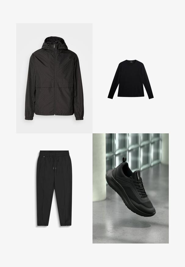 Chaqueta rompevientos negra con un patrón texturizado que presenta líneas diagonales y sutiles formas de diamante, cremallera frontal completa y capucha. Puños elásticos.; Camiseta negra de manga larga hecha de tela suave, con cuello redondo y un logotipo sutil en el frente, con un corte holgado.; Pantalones negros con cintura elástica, cordón, bolsillos laterales, perneras cónicas y puños elásticos sobre fondo blanco.; Zapatilla negra de Calvin Klein con paneles de malla y sólidos, cordones y tira para tirar, flotando sobre un suelo de hormigón pulido cerca de bloques de vidrio.