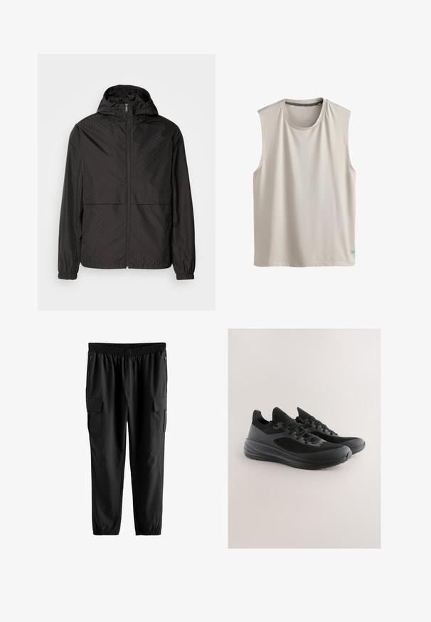 Schwarze Windjacke mit einem strukturierten Muster, das diagonale Linien und subtile Rautenformen zeigt, mit durchgehendem Reißverschluss und Kapuze. Elastische Bündchen.; Ärmelloses, hellbeiges athletisches Tanktop mit rundem Ausschnitt und kleinem Logoschild in der Nähe des Saums, auf weißem Hintergrund dargestellt.; Schwarze Cargo-Hosen mit elastischem Bund, seitlichen Reißverschlusstaschen und zwei großen Cargo-Taschen mit Klappenverschluss. Glattes, leichtes Material.; Schwarze Sportschuhe mit Mesh- und synthetischem Obermaterial. Verfügen über eine strukturierte Sohle und ein Schnürsystem. Schlankes, stromlinienförmiges Design.