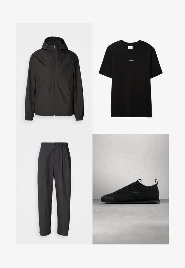 Veste coupe-vent noire avec un motif texturé présentant des lignes diagonales et des formes de losanges subtiles, fermeture éclair complète à l'avant, et capuche. Poignets élastiques.; T-shirt en coton noir avec col rond et manches courtes. Présente un petit logo "Calvin Klein" blanc sur le devant. Coupe classique et lisse.; Pantalons droit gris foncé avec passants de ceinture, fermeture à bouton à l'avant et poches latérales sur un fond clair.; Baskets noires Calvin Klein avec mesh texturé et panneaux en cuir, flottant au-dessus d'un sol en béton poli près d'un mur en blocs de verre.