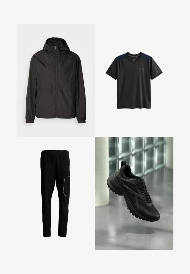 Schwarze Windjacke mit einem strukturierten Muster, das diagonale Linien und subtile Rautenformen zeigt, mit durchgehendem Reißverschluss und Kapuze. Elastische Bündchen.; Schwarzes aktives T-Shirt mit kurzen Ärmeln, das dunkelblaue Schulterakzente, einen Rundhalsausschnitt und eine glatte, leichte Stofftextur aufweist.; Schwarze Sporthose mit elastischem Bund, einer rechten Oberschenkeltasche mit reflektierendem Besatz und leichten, zulaufenden Beinen.; Schwarzer Sportschuh mit strukturierter Sohle und Schnürsenkeln, schwebend über einem grauen Boden vor einer Glasbausteinwand.
