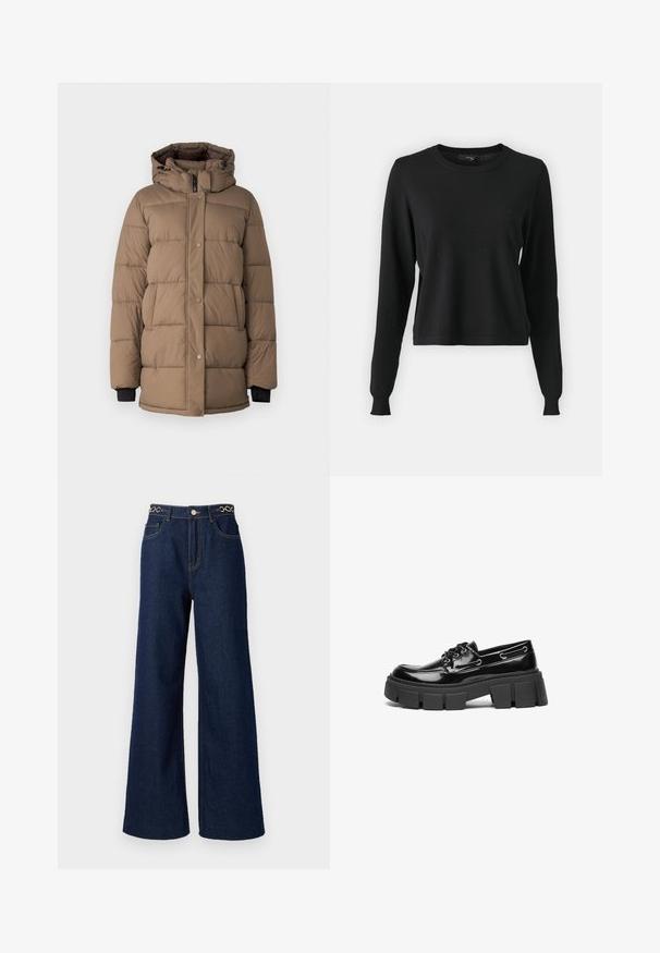 Manteau matelassé marron avec une capuche, présentant un zip frontal et des boutons-pression, des poches latérales et des poignets accentués en noir. Texture douce et design matelassé.; Pull noir à manches longues, col rond, avec des poignets côtelés et une coupe légèrement raccourcie. Fabriqué en tissu tricoté doux.; Des jeans en denim bleu marine à jambes larges présentent une taille haute, des accents en chaîne dorée à la taille, et des détails de couture contrastants tout au long.; Mocassin en cuir verni noir avec une semelle plateforme épaisse noire et des œillets décoratifs. Texture lisse avec un bout arrondi et un détail de lacets.