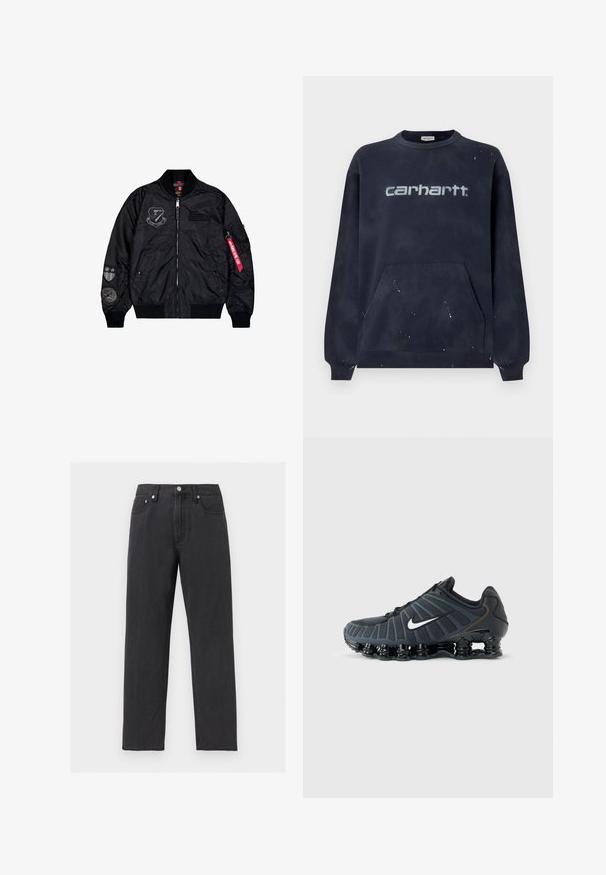 Mustat pommijaakkaat, jotka on valmistettu sileästä nylonista. Varustettu vetoketjulla, ribbed-hihoilla ja useilla applikaatioilla hihoissa lisäyksinä.; Tumma laivastonsininen collegepaita, jossa on etutasku, resorit hihansuuissa ja haalistunut valkoinen logo; kankaassa on pilkullinen kuvio.; Musta suora lahkeinen farkut, joissa on viisi taskua, napillinen suljenta ja vyölenkit, esillä vaaleanharmaalla taustalla.; Musta Nike-juoksukenkä, jossa valkoinen Swoosh-logo, pehmustettu ositettu pohja ja hengittävä yläosan verkkorakenne, yksinkertaisella harmaalla taustalla.