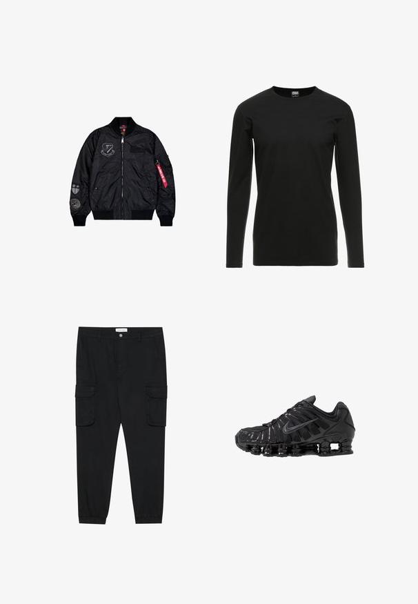 Veste bomber noire en nylon lisse. Elle possède une fermeture éclair, des poignets côtelés et plusieurs écussons sur les manches pour un détail supplémentaire.; Urban Classics STRETCH TERRY - T-shirt à manches longues - black; Pantalons cargo noirs avec des jambes droites, des poignets élastiques et plusieurs poches latérales. Fabriqués en tissu texturé avec une fermeture à bouton.; Chaussures de sport noires en mesh et matériaux synthétiques, présentant un design ondulé distinct, une semelle en caoutchouc noire et des accents réfléchissants.
