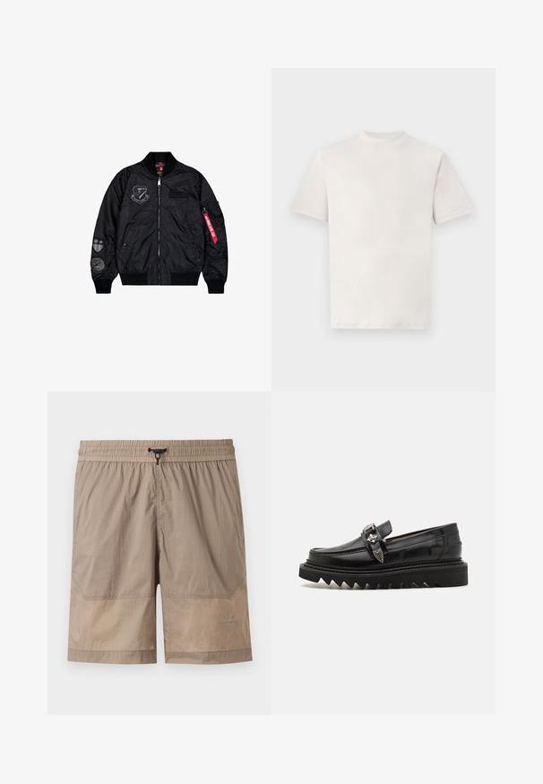 Schwarze Bomberjacke aus glattem Nylon. Sie verfügt über einen Reißverschluss, gerippte Bündchen und mehrere Aufnäher an den Ärmeln für zusätzliche Details.; Einfaches weißes T-Shirt mit kurzen Ärmeln und Rundhalsausschnitt, flach auf einem weißen Hintergrund präsentiert.; Beige Herren-Shorts mit elastischem Bund, schwarzer verstellbarer Kordel und dezentem AGW-Logo am unteren rechten Bein.; Schwarze Leder Slipper mit silbernen Hardware-Akzenten, einer erhöhten Zickzack-Sohle und einem schlanken, runden Design; glatte Textur und glänzende Oberfläche.