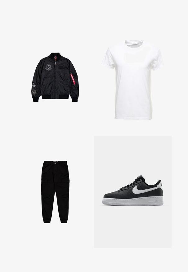 Schwarze Bomberjacke aus glattem Nylon. Sie verfügt über einen Reißverschluss, gerippte Bündchen und mehrere Aufnäher an den Ärmeln für zusätzliche Details.; Weißes Baumwoll-T-Shirt mit kurzen Ärmeln, Rundhalsausschnitt und glatter Textur. Etikett am Ausschnitt sichtbar. Einfacher und klassischer Stil.; Schwarze Cargo-Hosen aus Baumwolle, ausgestattet mit zwei Fronttaschen und zwei seitlichen Cargo-Taschen, mit elastischen Bündchen und einem elastischen Bund.; Schwarze Ledersneaker mit strukturierten Oberflächen, weißem Nike-Swoosh, grauer Sohle, runder Zehenpartie und Schnürdesign. Verfügt über Perforationen an der Zehenbox.