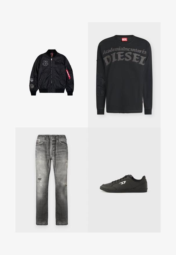 Sort bomberjakke lavet af glat nylon. Har lynlås lukning, ribbede manchetter og flere patches på ærmerne for ekstra detaljer.; Sort langærmet Diesel sweatshirt med stor grå tekst "Academia Incantoria DIESEL" over brystet og subtilt design på venstre ærme.; Grå denimjeans med en afslappet pasform, der har falmede områder, slidte detaljer og en snøre i taljen for justerbar komfort.; Sorte syntetiske sneakers med en struktureret sort sål, rund tå og flade sorte snørebånd. Fremtrædende hvidt logo på ydersiden.