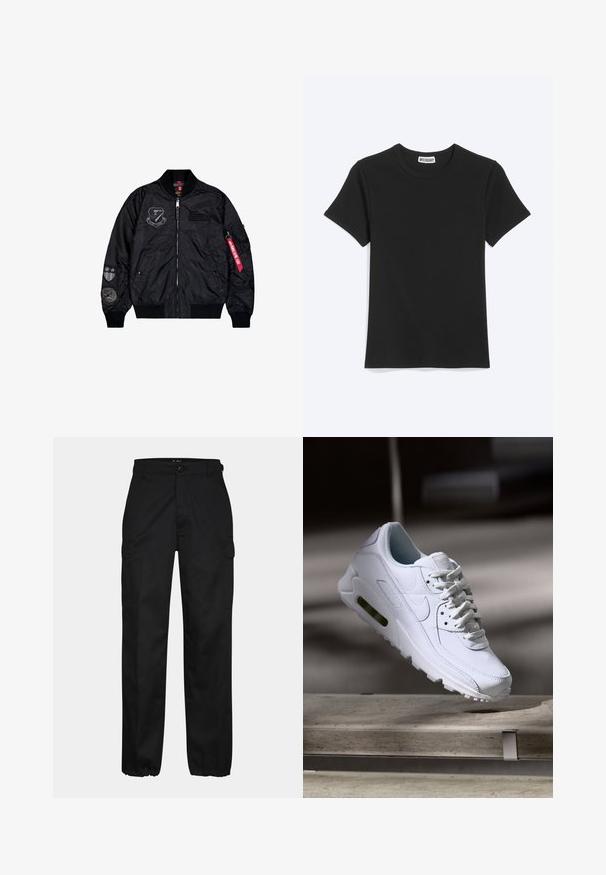 Veste bomber noire en nylon lisse. Elle possède une fermeture éclair, des poignets côtelés et plusieurs écussons sur les manches pour un détail supplémentaire.; T-shirt noir uni à manches courtes et col rond avec une étiquette de la marque Weekday à l’intérieur du col, présenté sur fond blanc.; Pantalons cargo noirs avec une coupe droite, dotés de poches latérales, d'une fermeture à bouton et de poignets élastiques aux chevilles. Fabriqués en tissu résistant.; Baskets blanches en cuir avec des surfaces texturées, un col rembourré et un amorti d'air visible dans la semelle. Elles possèdent des lacets et un design minimaliste.