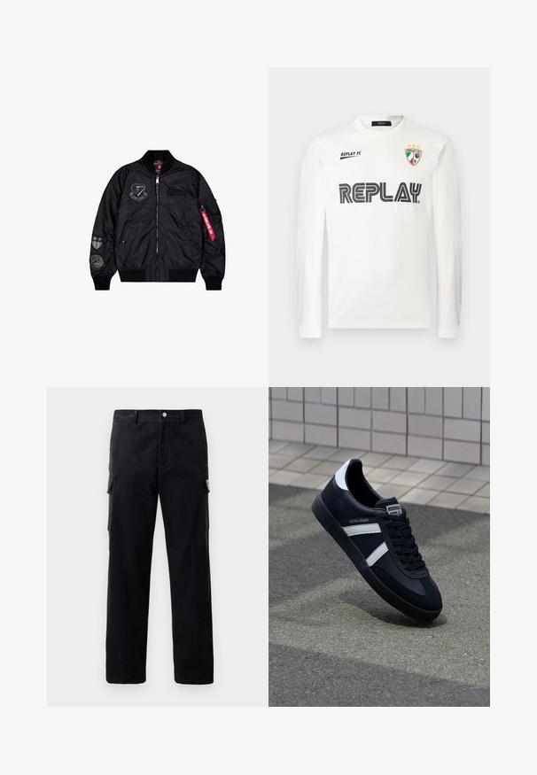 Sort bomberjakke lavet af glat nylon. Har lynlås lukning, ribbede manchetter og flere patches på ærmerne for ekstra detaljer.; Hvid langærmet skjorte med sort "REPLAY" tekst henover brystet, lille "REPLAY FC" tekst øverst til venstre, og et tri-farvet skjold emblem med tre stjerner øverst til højre.; Sorte corduroy cargo bukser med lige ben design, sidelommer og et synligt mærke på den højre lomme. Struktureret stof.; Sort lædersneaker med hvide striber, tekstureret gummisål og snørrebånd foran. Har et brandet mærke på tungen.
