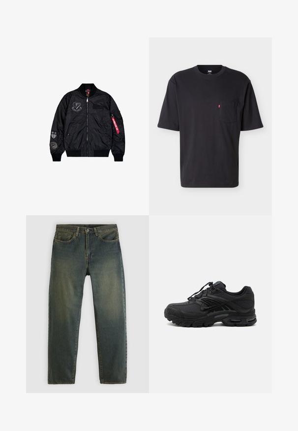 Schwarze Bomberjacke aus glattem Nylon. Sie verfügt über einen Reißverschluss, gerippte Bündchen und mehrere Aufnäher an den Ärmeln für zusätzliche Details.; Schwarzes T-Shirt mit kurzem Arm, Rundhalsausschnitt und Brusttasche mit kleinem rotem Levi's-Logo-Tab an der Tasche vor einfachem hellem Hintergrund.; Dunkelgrüne Jeans aus Denim mit Fünf-Taschen-Design, Knopfverschluss und geradem Bein, auf einem schlichten hellen Hintergrund präsentiert.; Schwarzer athletischer Sneaker mit strukturiertem Stoff, dicker gepolsterter Sohle, Luftauslässen und Schnürverschluss, von der Seite auf hellem Hintergrund gezeigt.