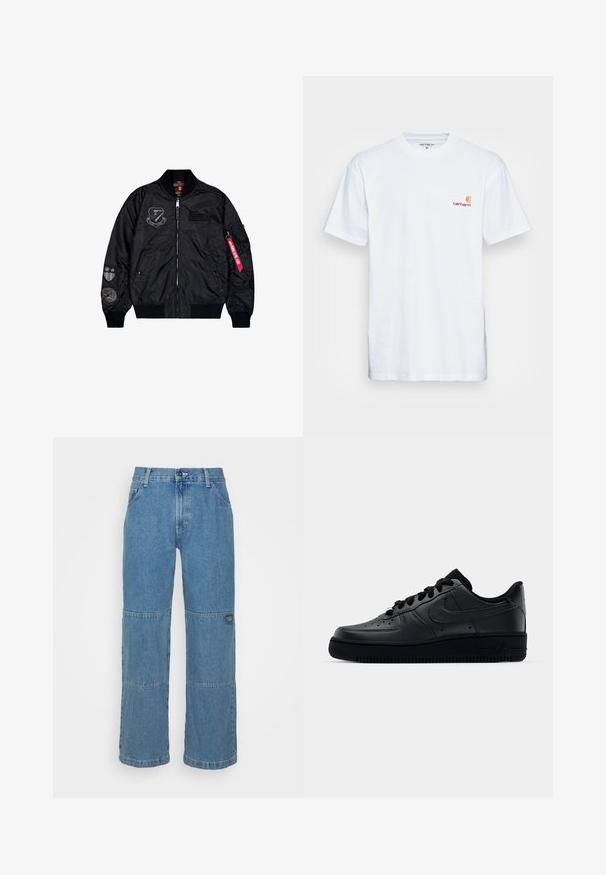Chaqueta bomber negra hecha de nylon suave. Presenta un cierre de cremallera, puños de canalé y múltiples parches en las mangas para un detalle adicional.; Camiseta de algodón blanca de manga corta. Diseñada con un pequeño logotipo naranja y marrón en el lado izquierdo del pecho. Presenta un cuello redondo clásico.; Jeans de denim azul claro con un corte relajado, con paneles de patchwork, cierre de botón en la parte superior, diseño de cinco bolsillos y un discreto logo en la pierna.; Zapatilla Nike Air Force 1 negra con parte superior de cuero liso, puntera perforada para transpirabilidad, cordones negros y suela de goma texturizada.