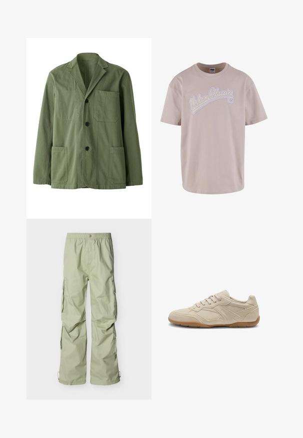 Oliivinvihreä puuvillajakku, jossa on pehmeä rakenne. Varustettu kärjellään leikatulla kauluksella, kolmella etupussilla ja nappisuljennalla.; Vaahto beige t-paita, jossa on lyhyet hihat, pyöreä pääntie ja valkoinen sekä violetti "Urban Classics" -logo rinnan kohdalla.; Vaaleanvihreät haalarit, joissa on joustava vyötärönauha, sivutaskut ja rento istuvuus. Kangas on sileäpintainen ja hieman kiiltävä.; Beigen sävyiset mokkanahkaisneakerit, joissa kumipohja, virtaviivainen muotoilu ja sävy sävyyn ompeleet. Logo kohopainettuna nauhojen lähellä sivulla.