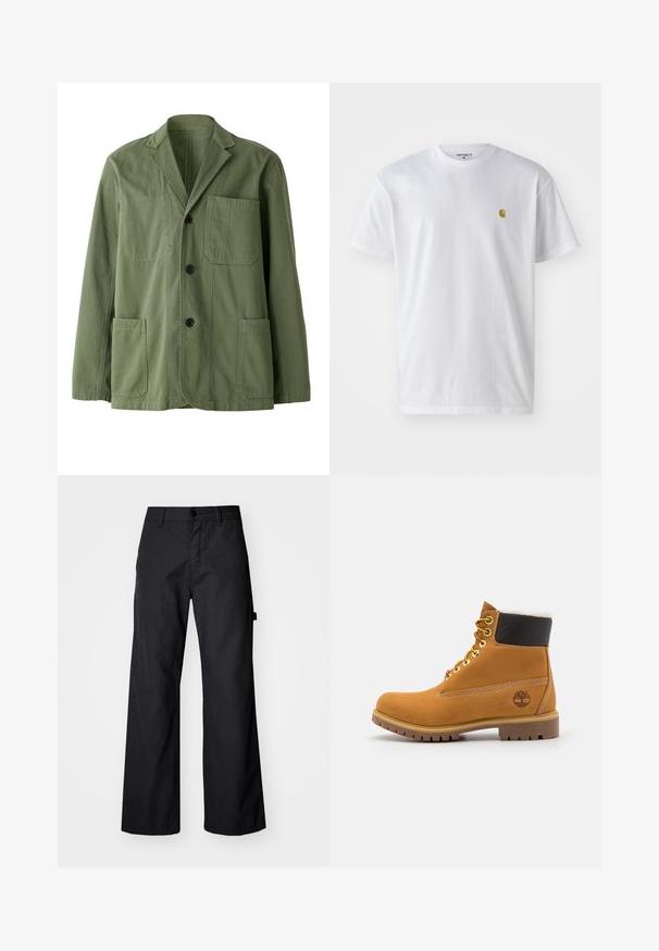 Olijfgroene jas van katoen met een zachte textuur. Kenmerkt zich door een notch-lapel, drie voorkezen en een knoopsluiting.; Witte katoenen t-shirt met korte mouwen en ronde hals, voorzien van een klein gouden logo op de linkerkant van de borst. Zachte textuur en een normale pasvorm.; Zwarte, wijde broek gemaakt van duurzaam materiaal. Voorzien van een knoopsluiting en zijzakken. Glad textuur met een strakke uitstraling.; Bruine leren enkellaars met metalen oogjes, witte faux bont voering, zwarte gewatteerde kraag, robuuste zool en een reliëflogo aan de zijkant.