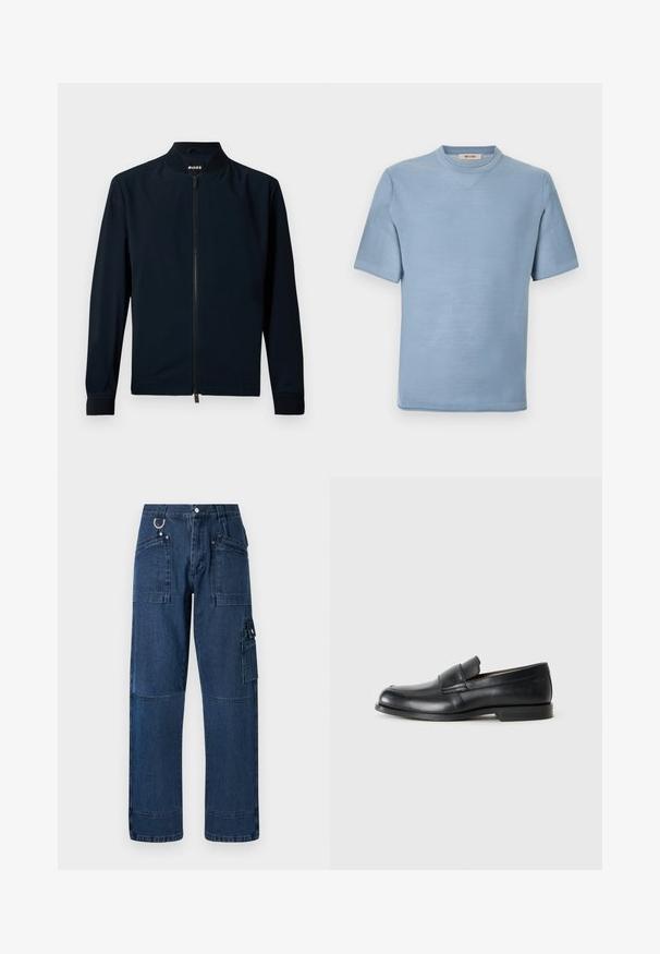 Marine bomberjakke lavet af glat stof, med lynlås foran, opretstående krave og ribbede manchetter, med et minimalistisk design.; Lyseblå kortærmet strikket skjorte med rund hals og tekstureret stof, mærket "ONLY & SONS" indeni kraven.; Mørkeblå denim cargo bukser med lige snit, der har flere lommer, metalbeslag og kontraststikningsdetaljer.; Sorte læder loafers med rund tå, syet detaljer og en flad gummisål. Har en bred rem over vristen.