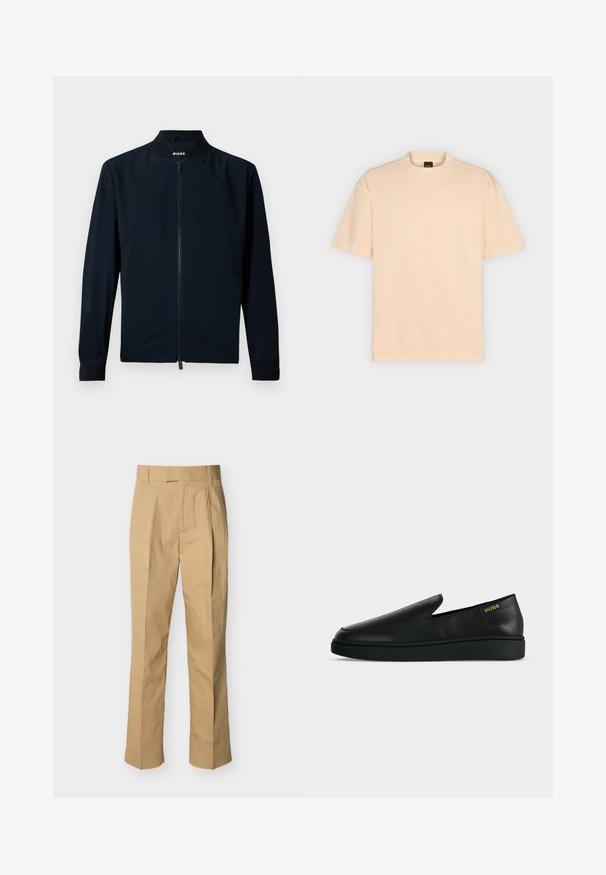 Veste de bombardier marine en tissu lisse, avec une fermeture éclair sur le devant, un col montant et des poignets côtelés, au design minimaliste.; T-shirt beige uni à manches courtes avec col rond et étiquette BOSS à l'intérieur du col arrière, présenté sur un fond gris clair.; Pantalon beige en coton lisse à taille haute, avec des plis à l'avant et des jambes droites. Aucun équipement visible ni motifs.; Chaussure noire en cuir à enfiler avec semelle épaisse et marquage "HUGO" en or près du talon sur un fond uni gris clair.