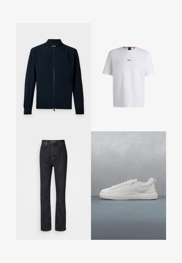 Marine bomberjakke lavet af glat stof, med lynlås foran, opretstående krave og ribbede manchetter, med et minimalistisk design.; Hvid bomuld T-shirt med korte ærmer, med et sort "BOSS" logo centreret på brystet og en rund halsudskæring.; Høj talje sorte denim jeans med knap- og lynlåsåbning, for- og baglommer samt lige ben.; Hvide sneakers med en glat læderfinish, rund tå, fire snørehuller, subtile perforeringer og en rød logo detalje på siden.