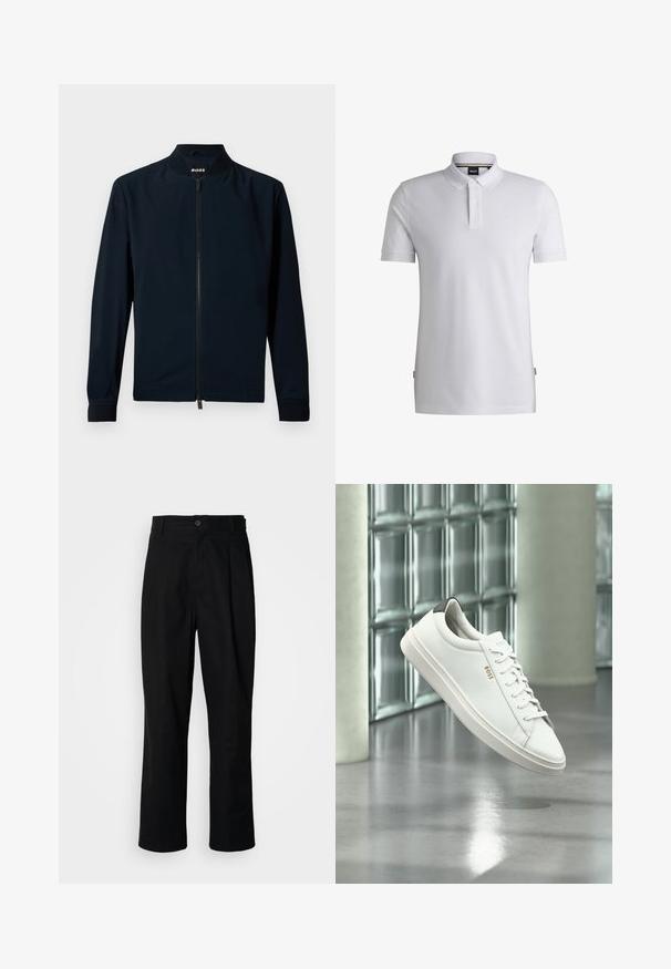 Marine bomberjack gemaakt van gladde stof, met een rits aan de voorkant, staande kraag en geribbelde manchetten, in een minimalistisch ontwerp.; Witte polo shirt gemaakt van een katoenmix, met een klassieke kraag, drie-knopen sluiting en subtiele merklap op de borst. Korte mouwen.; Zwarte rechte broek met een knoopsluiting, lusjes voor een riem en een voornaad, gepresenteerd tegen een effen witte achtergrond.; Witte leren lage sneaker met veters, zwarte hielstrook en "BOSS"-logo, zwevend binnenshuis bij een glazen stenen muur en gepolijste vloer.